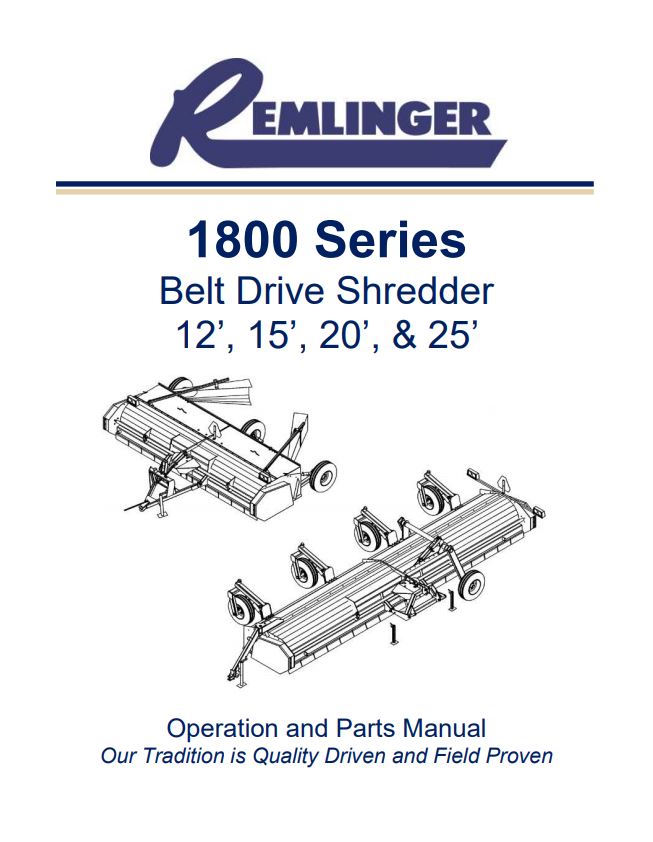Remlinger 1800 Series Belt Drive Shredder - Operation and Parts Manual Cover